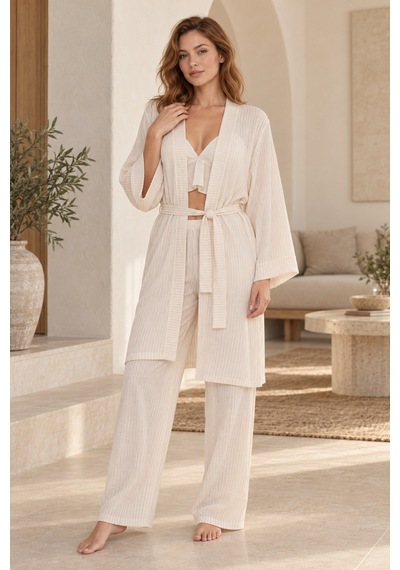 Loule Kadın Bej-krem Çizgili Fırfırlı Sabahlıklı Pijama Takımı Çok Renkli Loule Kadın Bej-krem Çizgili Fırfırlı Sabahlıklı Pijama Takımı Çok Renkli