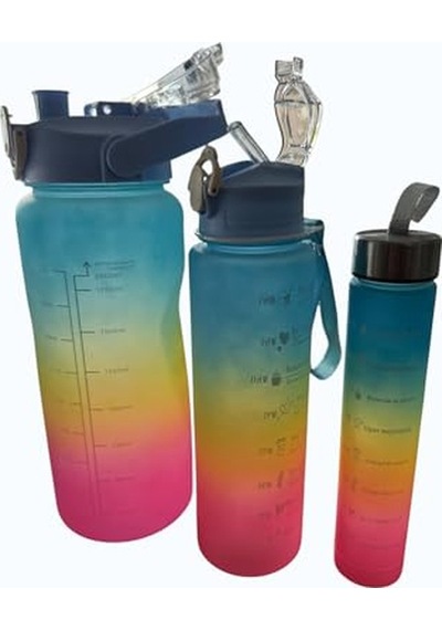 3'lü Motivasyonel Matara Seti, İç İçe Geçebilir Tasarım, 2000ml, 900ml Ve 300ml, Gradyan Renk Seçenekleri, Sticker Ve Pipet Hediyeli Gece Yarısı 0