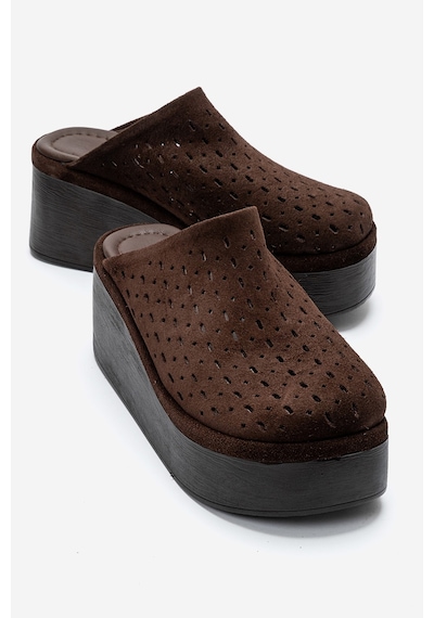 Luvishoes Lune Kahverengi Süet Hakiki Deri Delikli Kadın Dolgu Topuklu Terlik