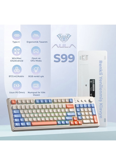 Aula S99 Retro Rgb Gaming 3 Modlu Bluetooth/2.4ghz/usb-c Kablosuz Makrolu Türkçe Q Klavye Turuncu Aula S99 Retro Rgb Gaming 3 Modlu Bluetooth/2.4ghz/usb-c Kablosuz Makrolu Türkçe Q Klavye Turuncu