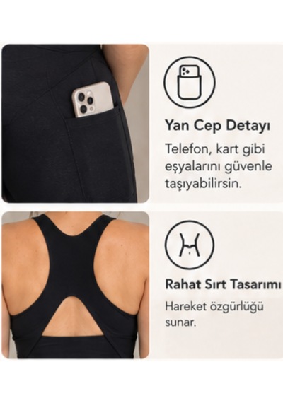 Cocosushicooo Kadın Spor Tayt İki Kat Destekli Sporcu Sütyeni Yüksek Bel Cep Detaylı Şort Tayt SiYAH