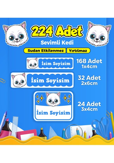 Sevimli Kedi Temalı Okul Kreş Kişiye Özel İsim Etiket Seti - Model 61 Çok Renkli