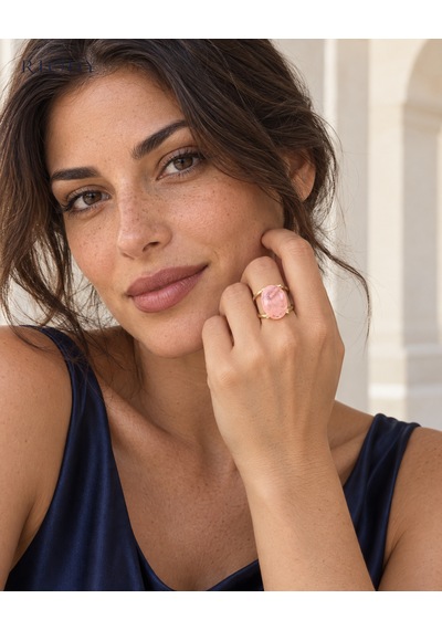 Riody Regard Rose Gold Kaplama Pembe Kedi Gözü Doğal Taşlı Ayarlanabilir Kadın Yüzük Sarı Altın