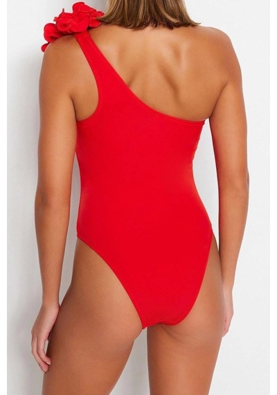 Ersefa Kadın Moda Atma Kap Askılı Slip Yaka Zümrüt Yeşili Tek Omuz Çiçek Koyu Kırmızı