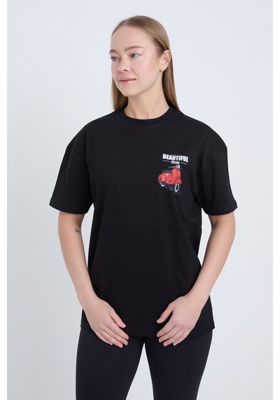 Velvoria Unisex Oversize Beautıful Ride Baskılı Siyah Renk T-shirt