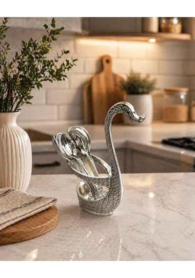 Kaşıklık Seti 6 Lı Metal Kaşık Standı Dekoratif Çay Kaşığı Seti Kuğu Tasarımlı 12 Cm Kaşık 15 Cm Stand Gri