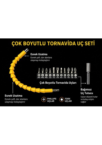 Vıvaluxe Esnek Tornavida Ucu Seti 14 Parça Dar Alanlar İçin Akrobat Tornavida Aparatı, Manyetik Tornavida Uzatma Ucu, Torx Allen Ph Bits İle Profesyonel Tamir Ve Montaj Seti