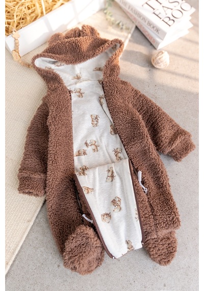 Babymod Kışlık Premium Kalite Kız Peluş Erkek Bebek Tulum Kahverengi