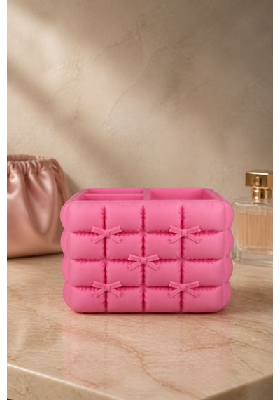 Fiyonk Detaylı Puffy Masaüstü Organizer 3d Baskı Makyaj Ve Kalemlik Düzenleyici Pembe - Pembe