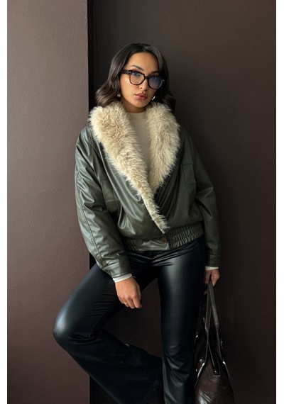 Verymoda Yakası Kürklü Kruvaze Deri Mont F2050 Haki