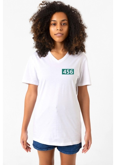 Squid Game Player 456 Beyaz Kadın V Yaka Tshirt Beyaz