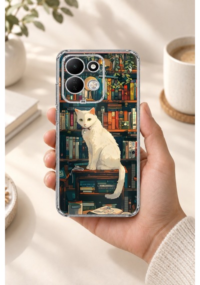 Redmi 17 4g/5g Uyumlu Kitaplık Beyaz Kedi Tasarımlı Baskılı Silikon Kılıf