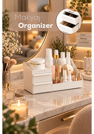 Porsima 5303 Çok Amaçlı Organizer 2 Çekmeceli Kozmetik Parfüm Krem Takı Makyaj Düzenleyici Beyaz