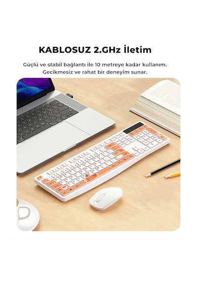Kablosuz Klavye Mouse Seti Kedi Temalı Sessiz Turuncu Beyaz Retro Tablet Laptop Pc Uyumlu Optik