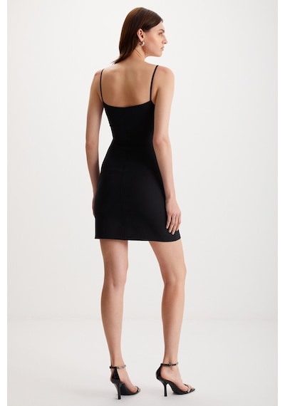 Ethıquet Manuela Kadın Kalın Dokuma Interlok Kumaşlı Vücüdü Saran Bodycon Kalp Yaka Siyah Elbise