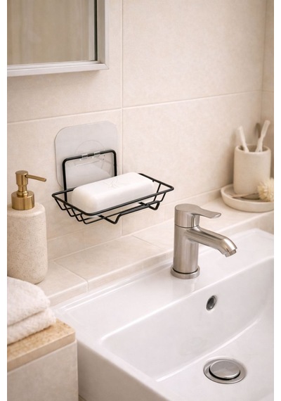 Karteya Yapışkanlı Dekoratif Sabunluk Banyo Düzenleyici Banyo Askı Aksesuar Sabunluk Siyah