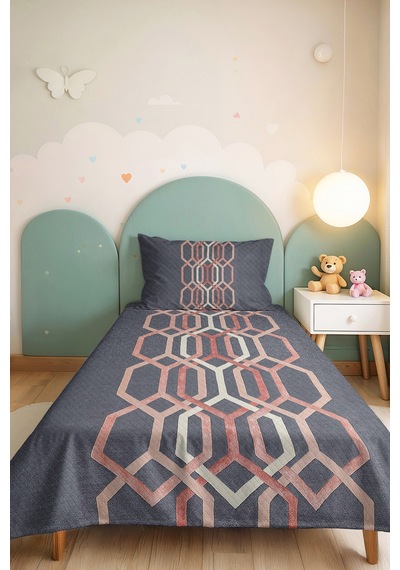 Geometrik Gri Genç Odası Tek Kişilik Pike Takımı-modern Pudra Somon 160x220 Cm Kapitone Yatak Örtüsü Mahmur Duman Kabuğu