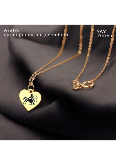 Archin Yay Burçlarına 14 Ayar Altın Plakalı Kalp Motifli Zincirli Hediyelik Kolye-352burç Yay