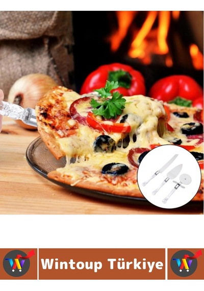 Premium Mutfak Pizza Börek Tatlı Düğün Pastası Kesme Sunum Şık Şeffaf Sap Detayı 3 Parça Servis Seti Çok Renkli