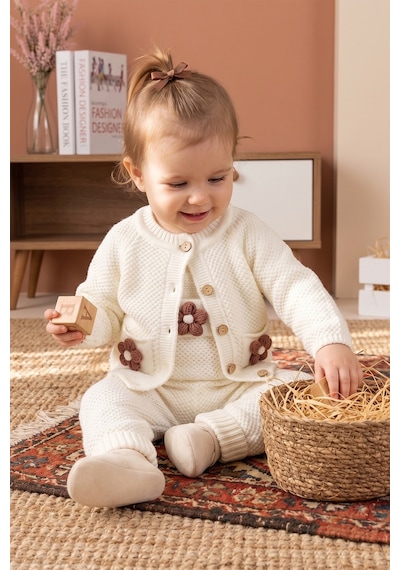 Babymod Yumuşak Dokulu Triko Hırkalı Kız Bebek Örgü Salopet Tulum Set Ekru