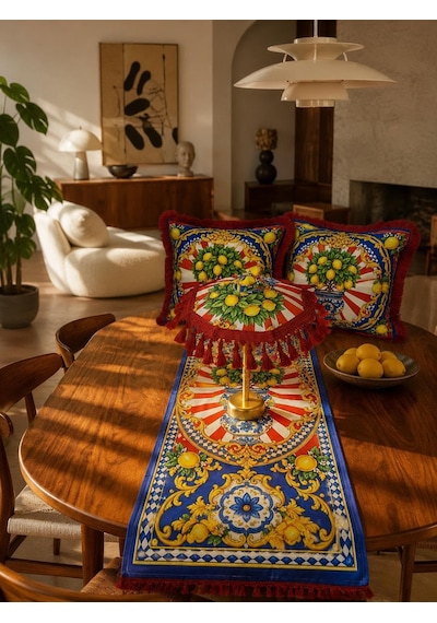 Missidea Limona Red Bohem Ledli Bali Şemsiyesi Seti Led'li Şemsiye + 2 Adet Kırlent + Runner Kırmızı