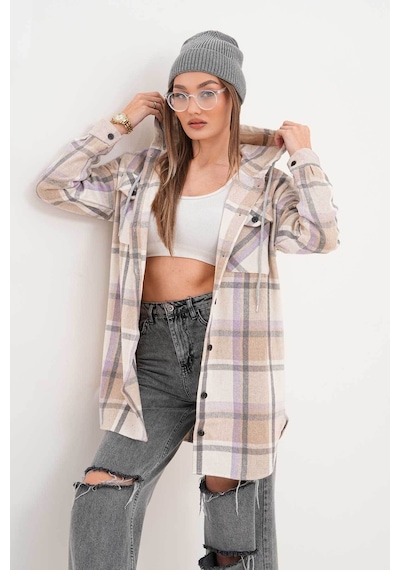 Polologin Butik Kadın Oduncu Kahverengi Bej Lila Çizgili Kapşonlu Gömlek Bej