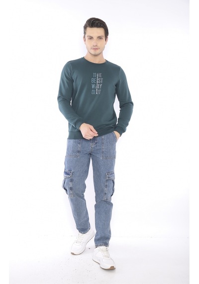 Escetic Erkek Spor Slimfit, Bisiklet Yaka Yeşil Sweatshirt-4273 Yeşil