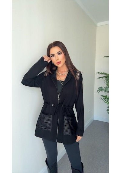 Kadın Uzun Kollu Önü Fermuarlı File Detaylı Belden Bağcıklı Kısa Modal Ceket Siyah