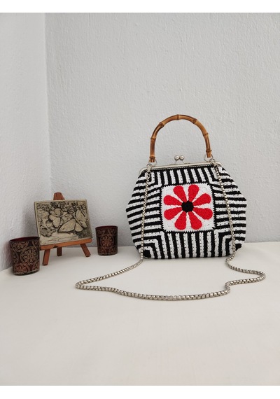 Fikriharika Design Çicek Motifli, Bambu Saplı Klipsli, Kadın El Çantası Çok Renkli
