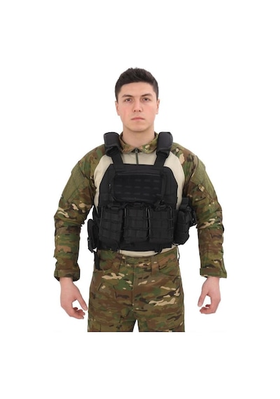 Single Sword Single Sword Kasırga Tactical Balistik Plaka Takılabilen Açık Cepli Hücum Yeleği, Siyah Çok Renkli