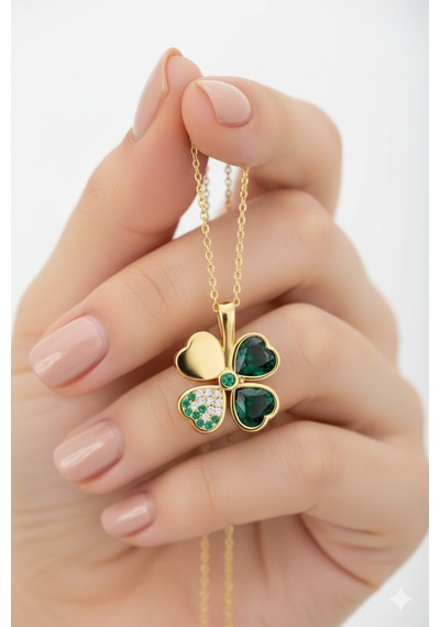 Çekirdekjewelry Zümrüt Işıltılı Dört Yaprak Yonca 925 Ayar Gümüş Kolye Sarı