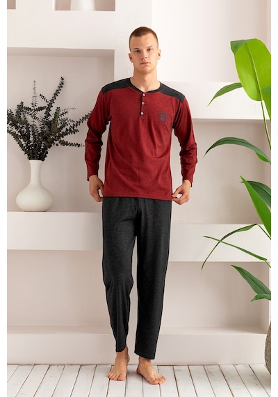 Nisanca Pamuklu Uzun Kollu Erkek Pijama Takımı Bordo