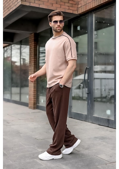 Madmext Camel Şerit Detaylı Modern Kesim Erkek Tişört E7182