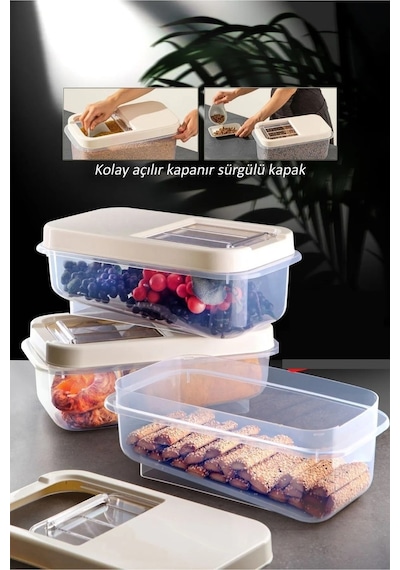 Sürgülü Kapaklı 5 Lt Erzak Bakliyat Un Şeker Saklama Kabı Krem