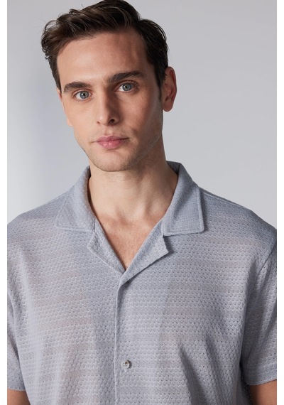 Tudors Slim Fit Kısa Kollu Dar Kesim Apaj Yaka Örme Kumaş Yazlık Gri Erkek Gömlek-31156-gri Gri