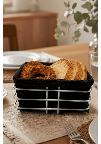Mat Gümüş Siyah Kumaş Kare Ekmek Sunum Sepeti, Kahvaltı Sunumu,kafe, Restoran Ve Otel Tipi 20x20 Cm