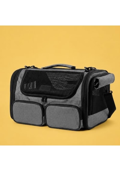 Pugalo Flycomfort Kedi Köpek Taşıma Çantası, Naylon, 40x30x35 Cm, Kabin Boy, Uçak Uyumlu, Yırtılmaz File Gri