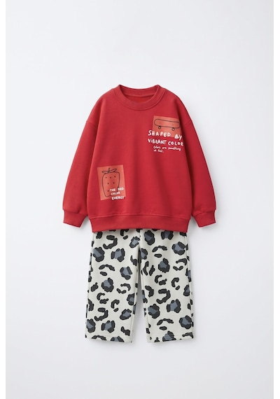 Magu Çocuk Baskılı Kırmızı Sweatshirt Ve Eşofman Takımı Çok Renkli