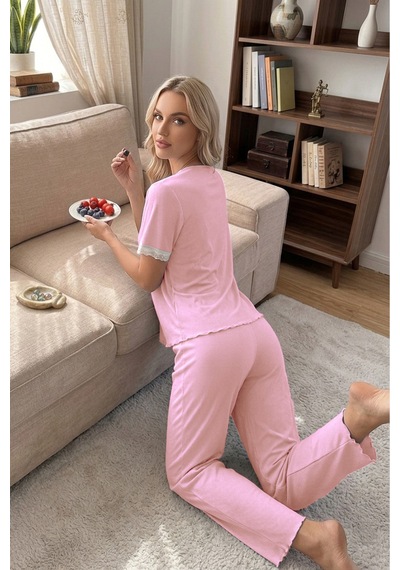 Bella Notte Pembe Dantel Yaka Fiyonk Detaylı Kısa Kollu Kadın Pijama Takımı Çok Renkli