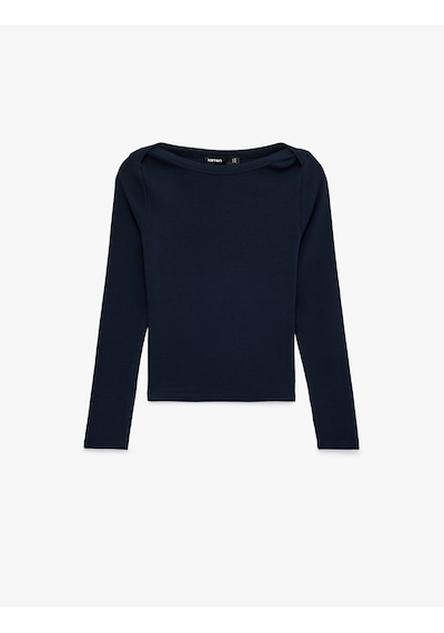 Koton Slim Fit Pamuklu Uzun Kollu Kayık Yaka Tişört Lacivert 6sak50288ek Lacivert