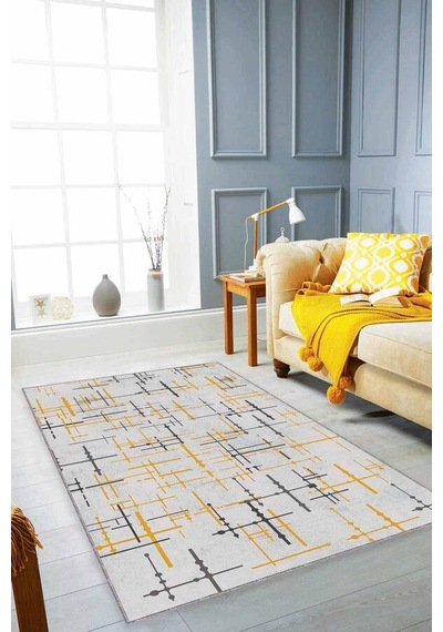 Sarı Vintage Kaymaz Tabanlı Makinede Yıkanabilir Halı Mn08n11