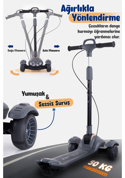 Prego Veyron Bluetoothlu Müzikli Işıklı Çocuk Scooter Katlanabilir - Yükseklik Ayarlı Gri