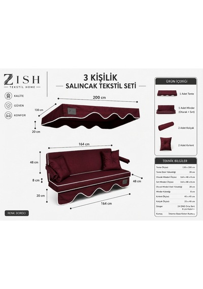 Altaleno 3 Kişilik 164 48 Cm Süngerli Bahçe Balkon Salıncak Minderi Yıkanabilir Kılıflı, Tenteli Keten Kumaş Tekstil Seti 24 Dns 8 Cm Orta Sert Sünger Bordo
