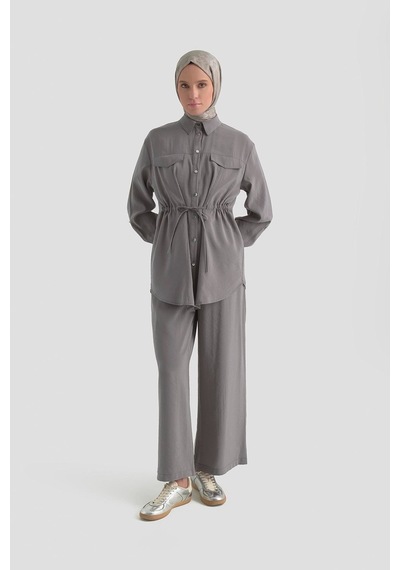 Armine Trend Beli Büzgü Detaylı Pantolonlu İkili Takım 26yt619 Açık Gri