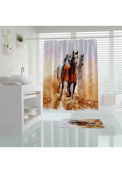 Banyo Paspas Ve Tek Kanat Duş Perdesi 1x180x200 Set Banyo Halısı Horses Beyaz