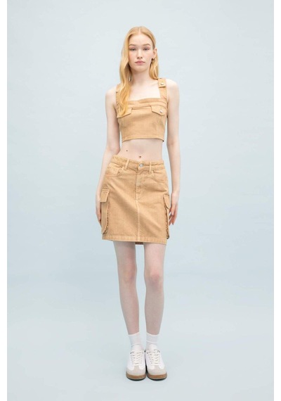 Defacto Coool Kargo Fit Gabardin Yıkamalı Soluk Efektli Mini Etek C4456AX24SPBG387 Bej