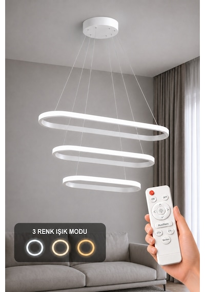 AvizeGO Elipso 3'lü Led Sarkıt Avize 3 Renk Kumandalı Beyaz