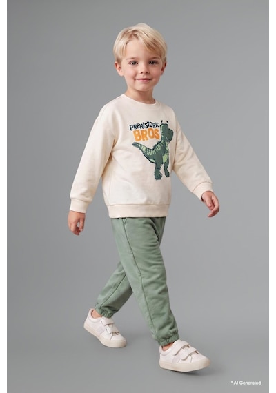 Defacto Dinozor Baskılı Sweatshirt Üst Lastikli Paça Alt 2li Takım Erkek Bebek H8482a526auer118 Ekru-er118