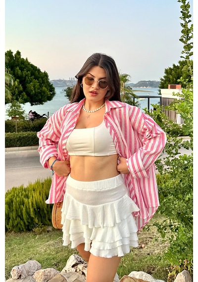 Pembe Renk Yaka Taş Detaylı Gofre Dokulu Çizgili Gömlek Pembe