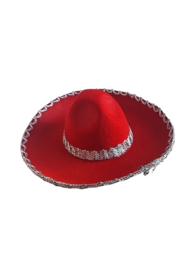 Meksika Mariachi Latin Şapkası Lüks 41cm Kırmızı Zemin Üstüne Gümüş Sim Kenarlıklı Parti Kostümü